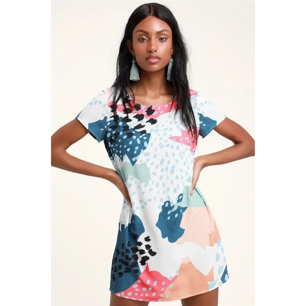 MINKPINK Coral Sea Abstract Print Mini Shift Dress - Size Small EUC Resortwear